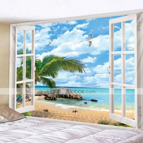 Window Landscape Wall Tapestry Art Decor Blanket Curtain Picnic Tablecloth Hanging Home Bedroom Living Room Dorm Decoration Polyester Sea Ocean Beach Palm