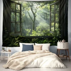 Window Landscape Wall Tapestry Art Decor Blanket Curtain Picnic Tablecloth Hanging Home Bedroom Living Room Dorm Decoration Polyester Forest