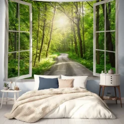 Window Landscape Wall Tapestry Art Decor Blanket Curtain Picnic Tablecloth Hanging Home Bedroom Living Room Dorm Decoration Polyester Forest