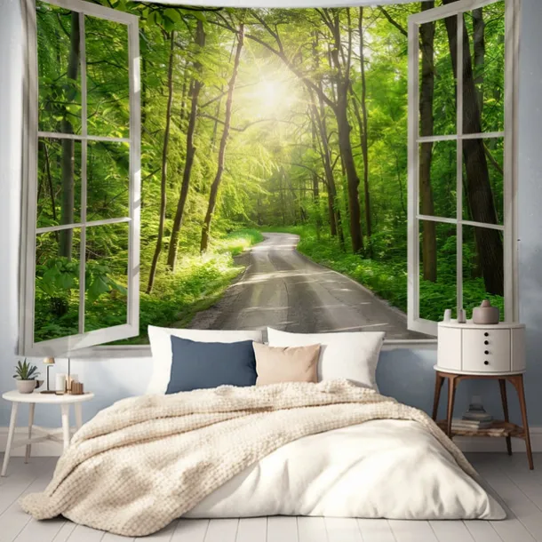 Window Landscape Wall Tapestry Art Decor Blanket Curtain Picnic Tablecloth Hanging Home Bedroom Living Room Dorm Decoration Polyester Forest