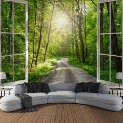 Window Landscape Wall Tapestry Art Decor Blanket Curtain Picnic Tablecloth Hanging Home Bedroom Living Room Dorm Decoration Polyester Forest