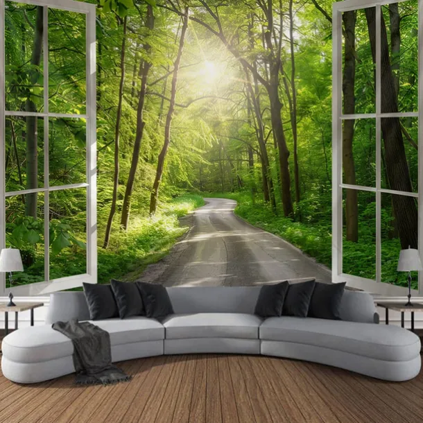 Window Landscape Wall Tapestry Art Decor Blanket Curtain Picnic Tablecloth Hanging Home Bedroom Living Room Dorm Decoration Polyester Forest