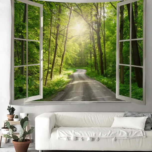 Window Landscape Wall Tapestry Art Decor Blanket Curtain Picnic Tablecloth Hanging Home Bedroom Living Room Dorm Decoration Polyester Forest