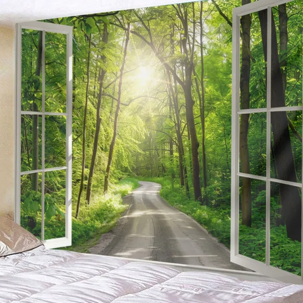 Window Landscape Wall Tapestry Art Decor Blanket Curtain Picnic Tablecloth Hanging Home Bedroom Living Room Dorm Decoration Polyester Forest
