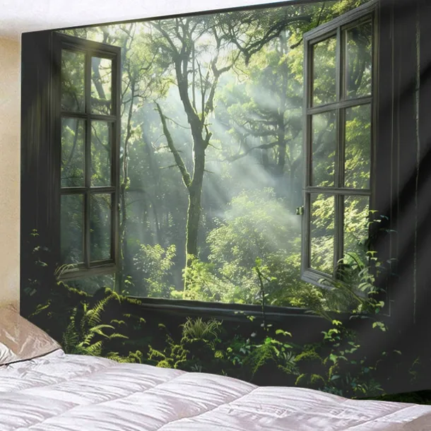 Window Landscape Wall Tapestry Art Decor Blanket Curtain Picnic Tablecloth Hanging Home Bedroom Living Room Dorm Decoration Polyester Forest