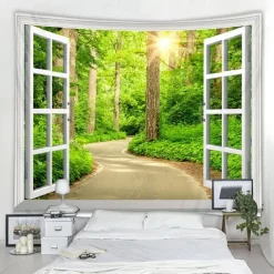 Window Landscape Wall Tapestry Art Decor Blanket Curtain Picnic Tablecloth Hanging Home Bedroom Living Room Dorm Decoration Polyester Forest