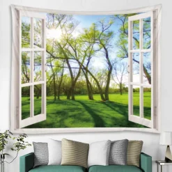 Window Landscape Wall Tapestry Art Decor Blanket Curtain Picnic Tablecloth Hanging Home Bedroom Living Room Dorm Decoration Polyester Forest