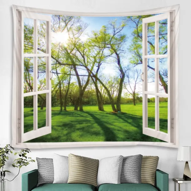 Window Landscape Wall Tapestry Art Decor Blanket Curtain Picnic Tablecloth Hanging Home Bedroom Living Room Dorm Decoration Polyester Forest
