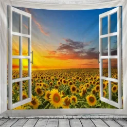 Window Landscape Wall Tapestry Art Decor Blanket Curtain Hanging Home Bedroom Living Room Decoration Garden Sunflower Sunset Pastoral