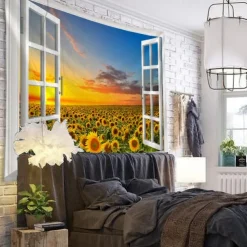 Window Landscape Wall Tapestry Art Decor Blanket Curtain Hanging Home Bedroom Living Room Decoration Garden Sunflower Sunset Pastoral