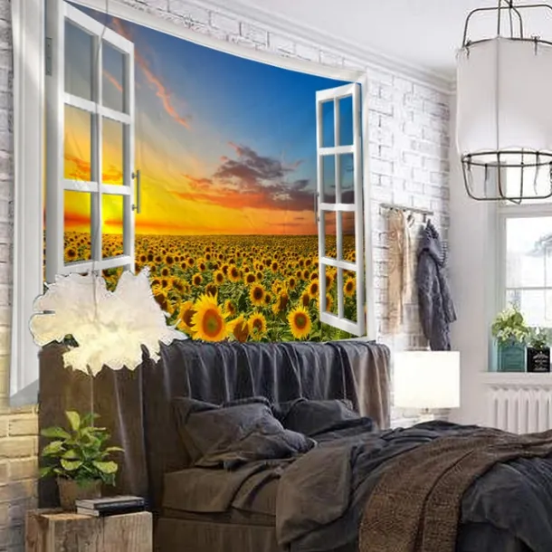 Window Landscape Wall Tapestry Art Decor Blanket Curtain Hanging Home Bedroom Living Room Decoration Garden Sunflower Sunset Pastoral