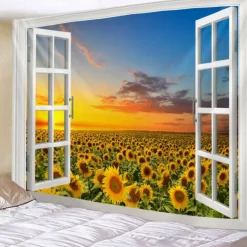 Window Landscape Wall Tapestry Art Decor Blanket Curtain Hanging Home Bedroom Living Room Decoration Garden Sunflower Sunset Pastoral