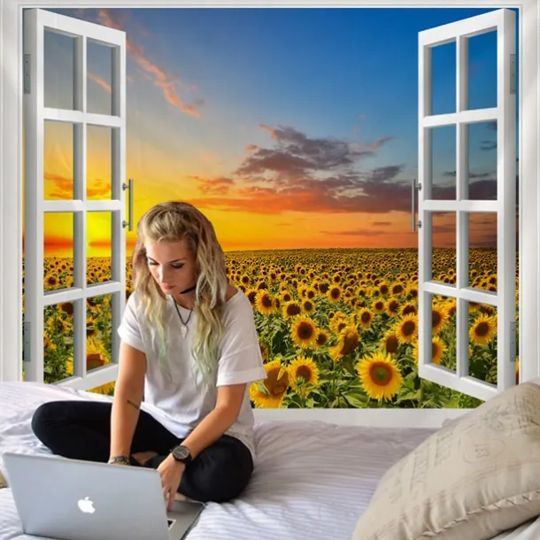 Window Landscape Wall Tapestry Art Decor Blanket Curtain Hanging Home Bedroom Living Room Decoration Garden Sunflower Sunset Pastoral