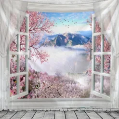 Window Landscape Wall Tapestry Art Decor Blanket Curtain Hanging Home Bedroom Living Room Decoration Tree Blossom Flower Mountain