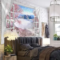 Window Landscape Wall Tapestry Art Decor Blanket Curtain Hanging Home Bedroom Living Room Decoration Tree Blossom Flower Mountain