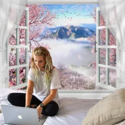 Window Landscape Wall Tapestry Art Decor Blanket Curtain Hanging Home Bedroom Living Room Decoration Tree Blossom Flower Mountain