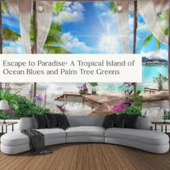 Window Landscape Wall Tapestry Art Decor Blanket Curtain Hanging Home Bedroom Living Room Decoration Coconut Tree Sea Ocean Beach