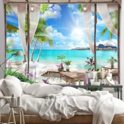 Window Landscape Wall Tapestry Art Decor Blanket Curtain Hanging Home Bedroom Living Room Decoration Coconut Tree Sea Ocean Beach