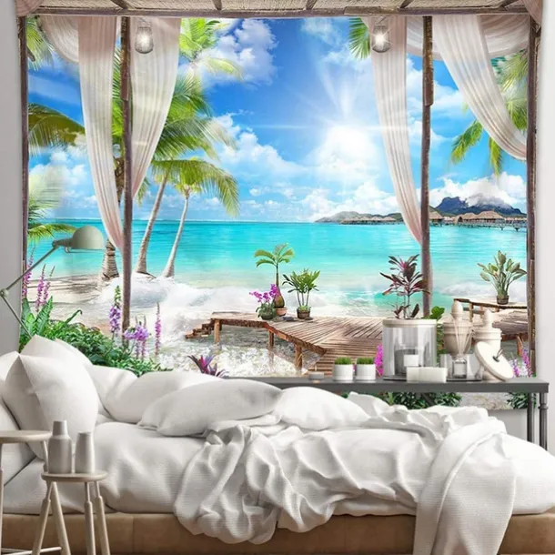 Window Landscape Wall Tapestry Art Decor Blanket Curtain Hanging Home Bedroom Living Room Decoration Coconut Tree Sea Ocean Beach