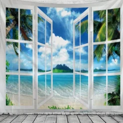Window Landscape Wall Tapestry Art Decor Blanket Curtain Hanging Home Bedroom Living Room Decoration Coconut Tree Sea Ocean Beach