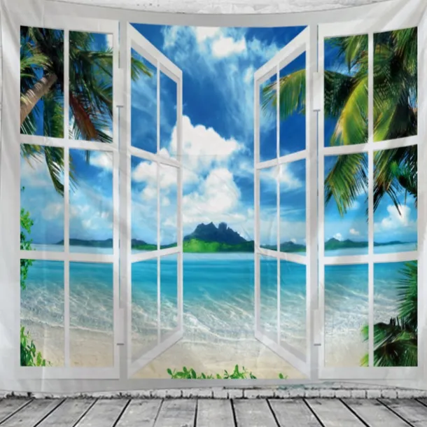 Window Landscape Wall Tapestry Art Decor Blanket Curtain Hanging Home Bedroom Living Room Decoration Coconut Tree Sea Ocean Beach