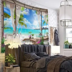 Window Landscape Wall Tapestry Art Decor Blanket Curtain Hanging Home Bedroom Living Room Decoration Coconut Tree Sea Ocean Beach