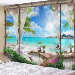 Window Landscape Wall Tapestry Art Decor Blanket Curtain Hanging Home Bedroom Living Room Decoration Coconut Tree Sea Ocean Beach