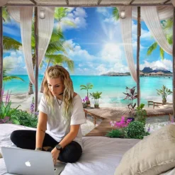 Window Landscape Wall Tapestry Art Decor Blanket Curtain Hanging Home Bedroom Living Room Decoration Coconut Tree Sea Ocean Beach