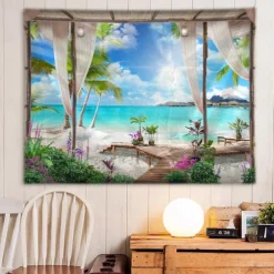 Window Landscape Wall Tapestry Art Decor Blanket Curtain Hanging Home Bedroom Living Room Decoration Coconut Tree Sea Ocean Beach