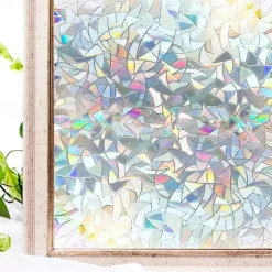 Window Privacy Film, Rainbow Window Film, Removable Stained Glass Sticker, Heat Control Window Cling for Decor, Silver