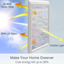 Window Privacy Film, Rainbow Window Film, Removable Stained Glass Sticker, Heat Control Window Cling for Decor, Silver