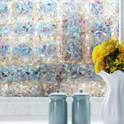Window Privacy Film, Rainbow Window Film, Removable Stained Glass Sticker, Heat Control Window Cling for Decor, Silver