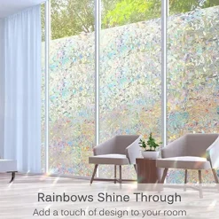 Window Privacy Film, Rainbow Window Film, Removable Stained Glass Sticker, Heat Control Window Cling for Decor, Silver