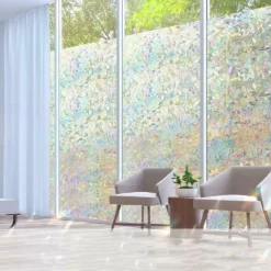 Window Privacy Film, Rainbow Window Film, Removable Stained Glass Sticker, Heat Control Window Cling for Decor, Silver