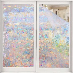 Window Privacy Film, Rainbow Window Film, Removable Stained Glass Sticker, Heat Control Window Cling for Decor, Silver