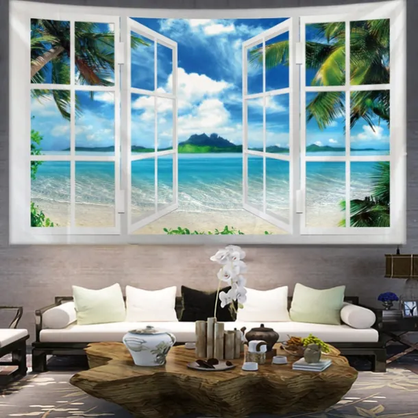 Window Scenery Hanging Tapestry Wall Art Large Tapestry Mural Decor Photograph Backdrop Blanket Curtain Home Bedroom Living Room Decoration