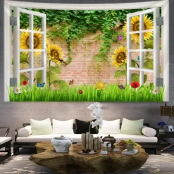 Window Scenery Hanging Tapestry Wall Art Large Tapestry Mural Decor Photograph Backdrop Blanket Curtain Home Bedroom Living Room Decoration