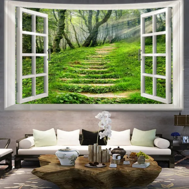 Window Scenery Hanging Tapestry Wall Art Large Tapestry Mural Decor Photograph Backdrop Blanket Curtain Home Bedroom Living Room Decoration