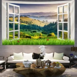 Window Scenery Hanging Tapestry Wall Art Large Tapestry Mural Decor Photograph Backdrop Blanket Curtain Home Bedroom Living Room Decoration