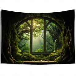 Window View Forest Hanging Tapestry Wall Art Large Tapestry Mural Decor Photograph Backdrop Blanket Curtain Home Bedroom Living Room Decoration