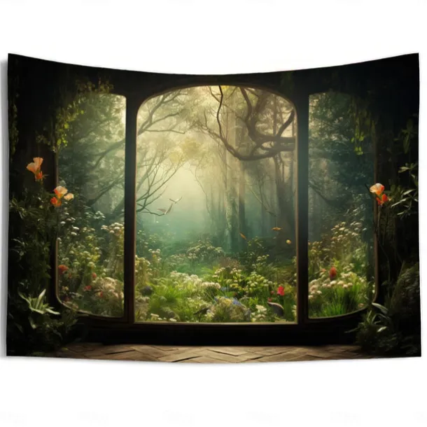 Window View Forest Hanging Tapestry Wall Art Large Tapestry Mural Decor Photograph Backdrop Blanket Curtain Home Bedroom Living Room Decoration