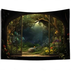 Window View Forest Hanging Tapestry Wall Art Large Tapestry Mural Decor Photograph Backdrop Blanket Curtain Home Bedroom Living Room Decoration