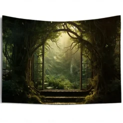Window View Forest Hanging Tapestry Wall Art Large Tapestry Mural Decor Photograph Backdrop Blanket Curtain Home Bedroom Living Room Decoration