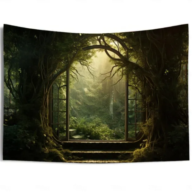 Window View Forest Hanging Tapestry Wall Art Large Tapestry Mural Decor Photograph Backdrop Blanket Curtain Home Bedroom Living Room Decoration