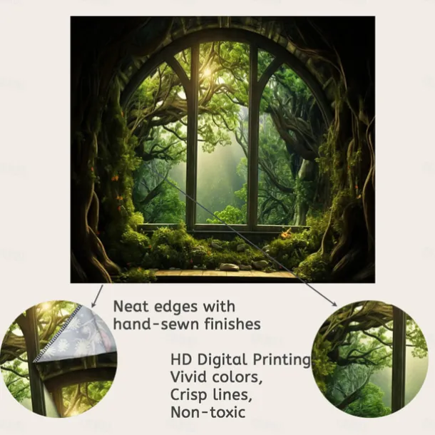 Window View Forest Hanging Tapestry Wall Art Large Tapestry Mural Decor Photograph Backdrop Blanket Curtain Home Bedroom Living Room Decoration