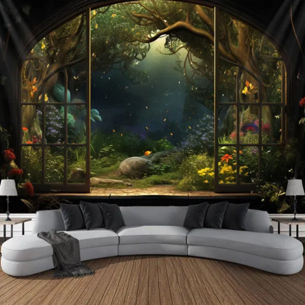 Window View Forest Hanging Tapestry Wall Art Large Tapestry Mural Decor Photograph Backdrop Blanket Curtain Home Bedroom Living Room Decoration