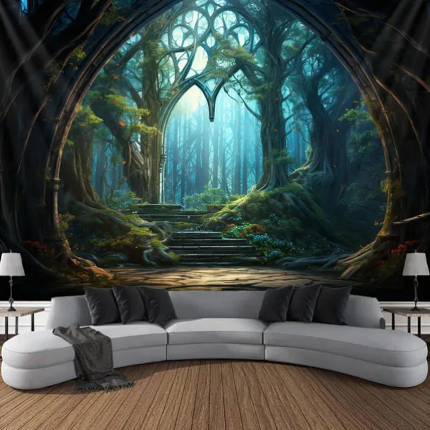 Window View Forest Hanging Tapestry Wall Art Large Tapestry Mural Decor Photograph Backdrop Blanket Curtain Home Bedroom Living Room Decoration