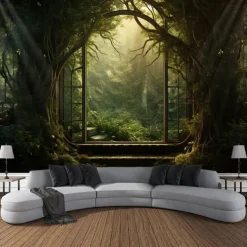 Window View Forest Hanging Tapestry Wall Art Large Tapestry Mural Decor Photograph Backdrop Blanket Curtain Home Bedroom Living Room Decoration
