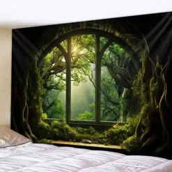 Window View Forest Hanging Tapestry Wall Art Large Tapestry Mural Decor Photograph Backdrop Blanket Curtain Home Bedroom Living Room Decoration