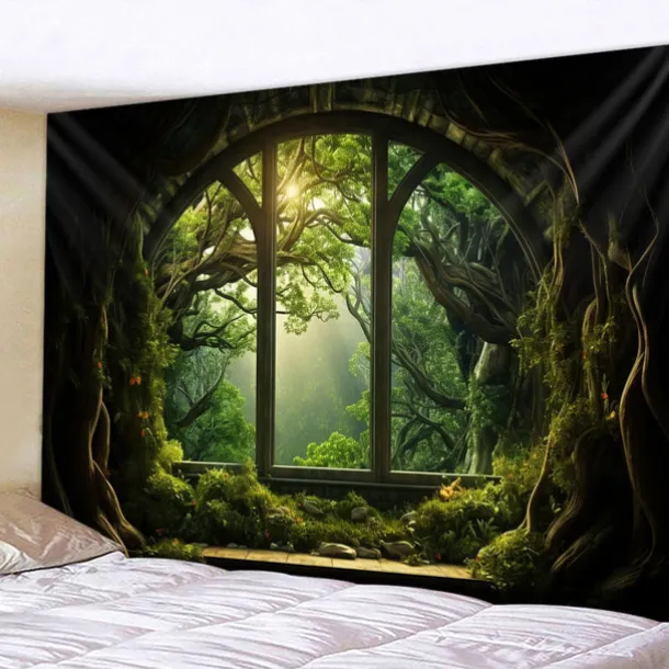 Window View Forest Hanging Tapestry Wall Art Large Tapestry Mural Decor Photograph Backdrop Blanket Curtain Home Bedroom Living Room Decoration